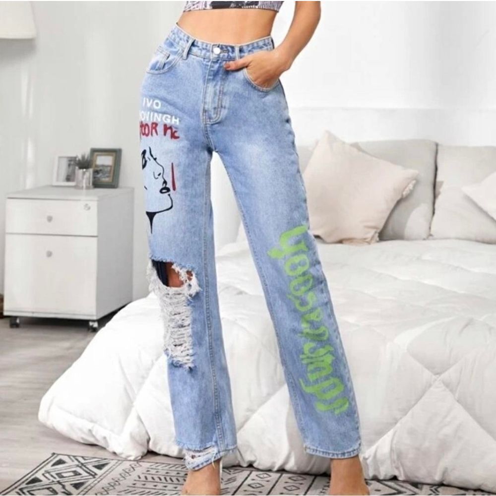SHEIN Graphic Light Blue Straight Leg Jeans
